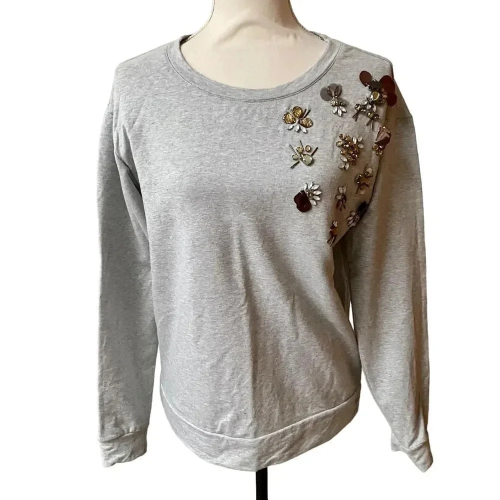 Halogen Heather Gray Jeweled Embellished Sweatshirt Small